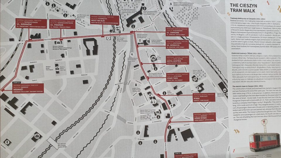 Na plánku si můžete prohlédnout trasu, kudy těšínská tramvaj kdysi jezdila