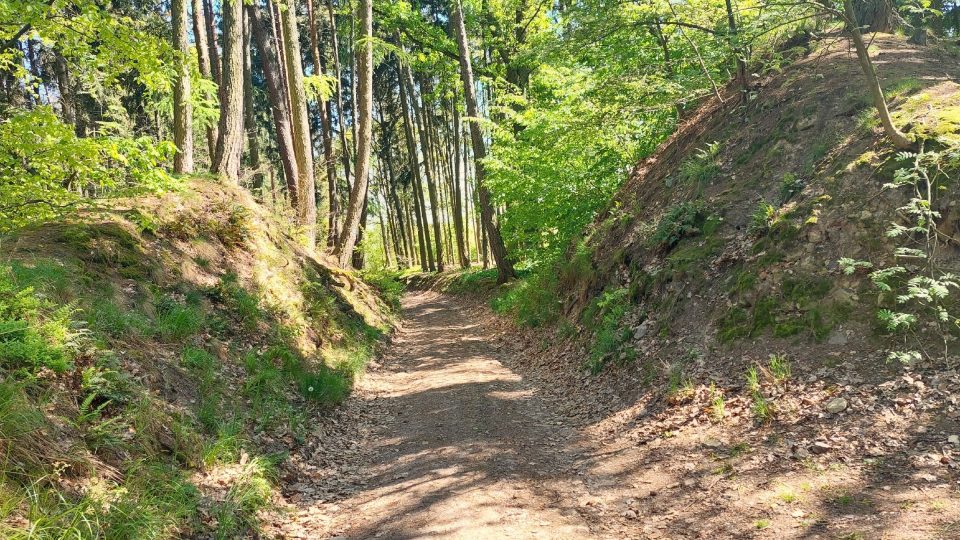 Napříč západní stranou valu ostroměřského hradiště vede cesta