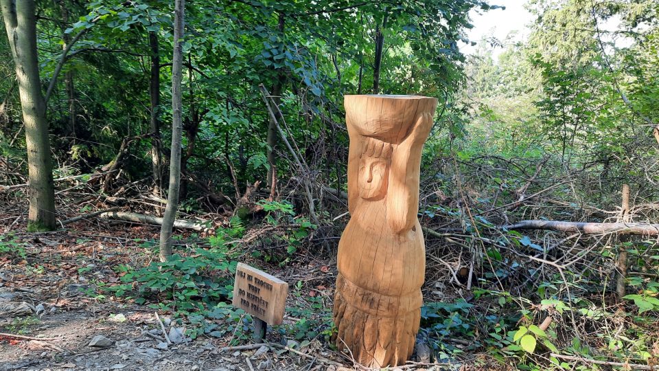 Děti mohou na stezce udělat i dobrý skutek. Nalít do misky na hlavě skřítka vodu pro ptáčky | foto: Iva Havlíčková, Český rozhlas Děti mohou na stezce udělat i dobrý skutek. Nalít do misky na hlavě skřítka vodu pro ptáčky